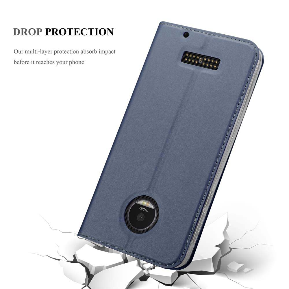 Custodia blu per telefono con testo 'DROP PROTECTION' e fondo rotto.