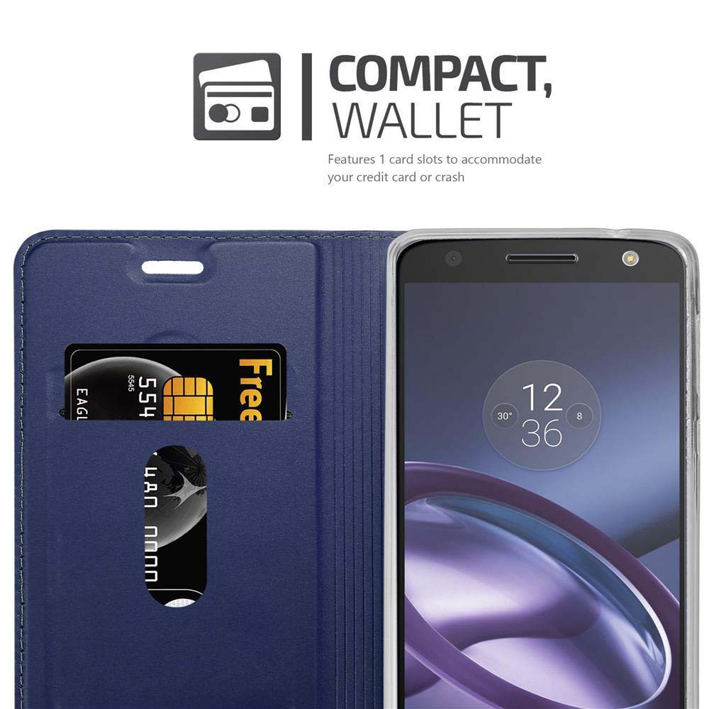 Portafoglio blu con scomparti per carte e uno smartphone che mostra l'ora.