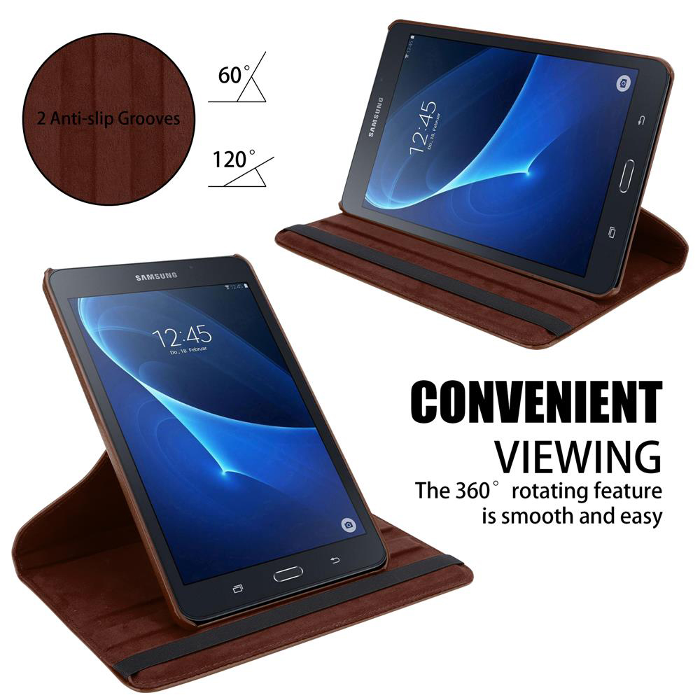 Braune Tablet-Hülle in zwei Ansichten mit 360°-Drehung und Anti-Rutsch-Rillen.