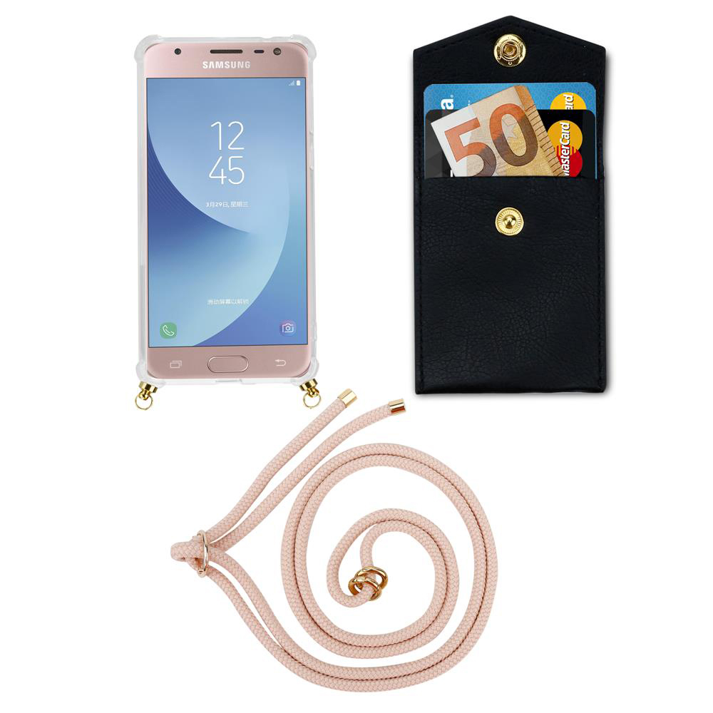 Un telefono Samsung, un porta carte nero con soldi e carte, e un cordino rosa.