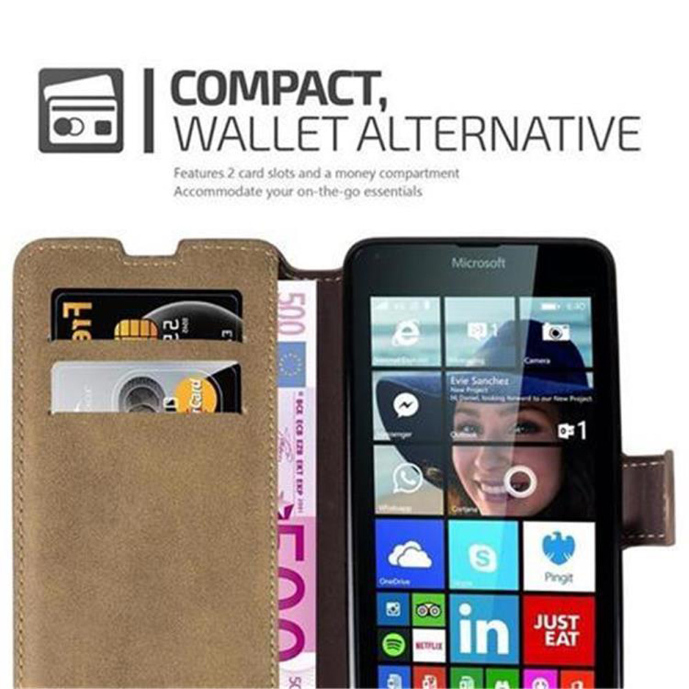 Custodia a portafoglio marrone con telefono, 2 slot per carte e tasca.