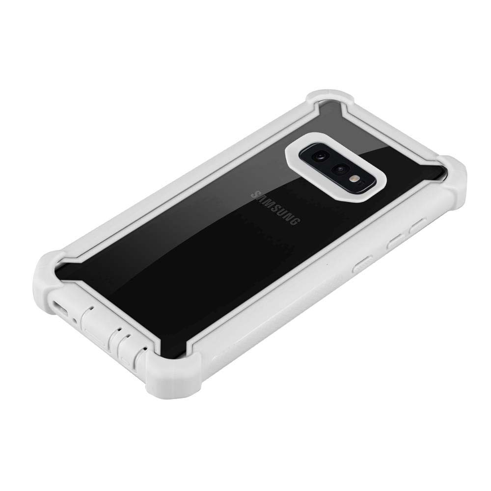 Ein schwarzes Samsung-Handy in einer weißen Schutzhülle, isoliert auf weißem Hintergrund.