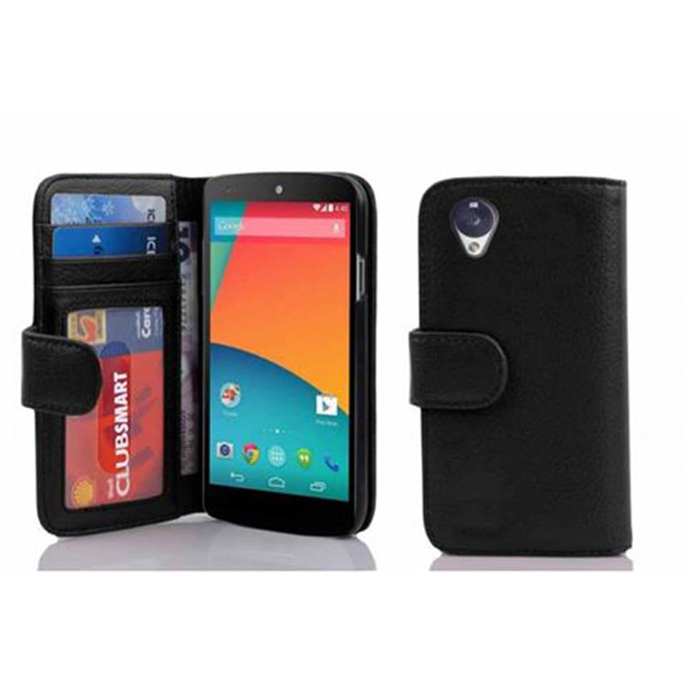 Schwarzes Handy mit Kartenetui und offenem Bildschirm. Geschlossenes Etui daneben.