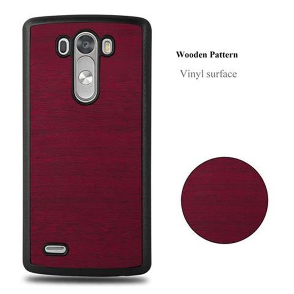 Funda de teléfono roja con patrón de grano de madera y recorte de cámara.