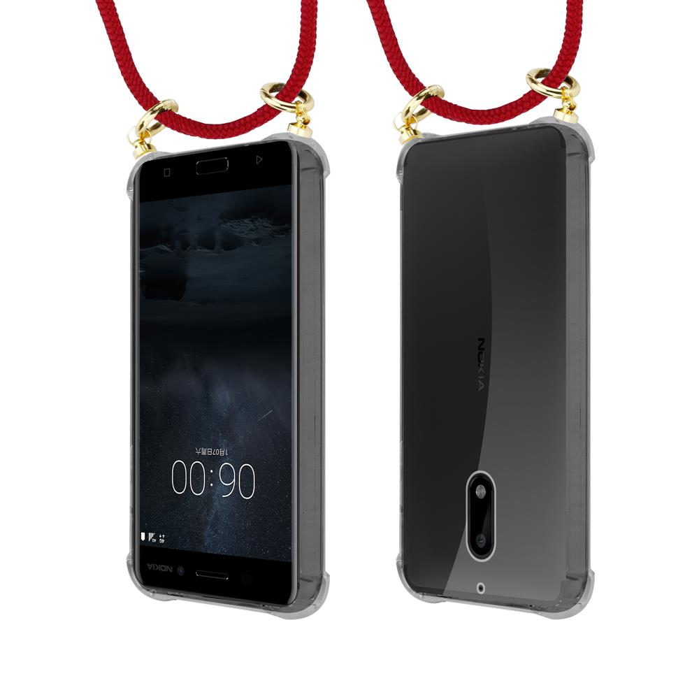 Zwei Ansichten eines transparenten Handyhülle mit rotem Band und goldenen Verbindungen.
