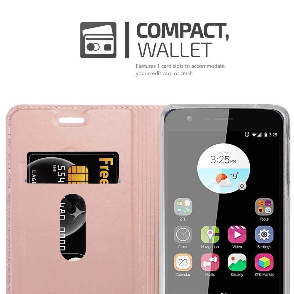 Una funda de teléfono tipo cartera rosa con una tarjeta y un smartphone.