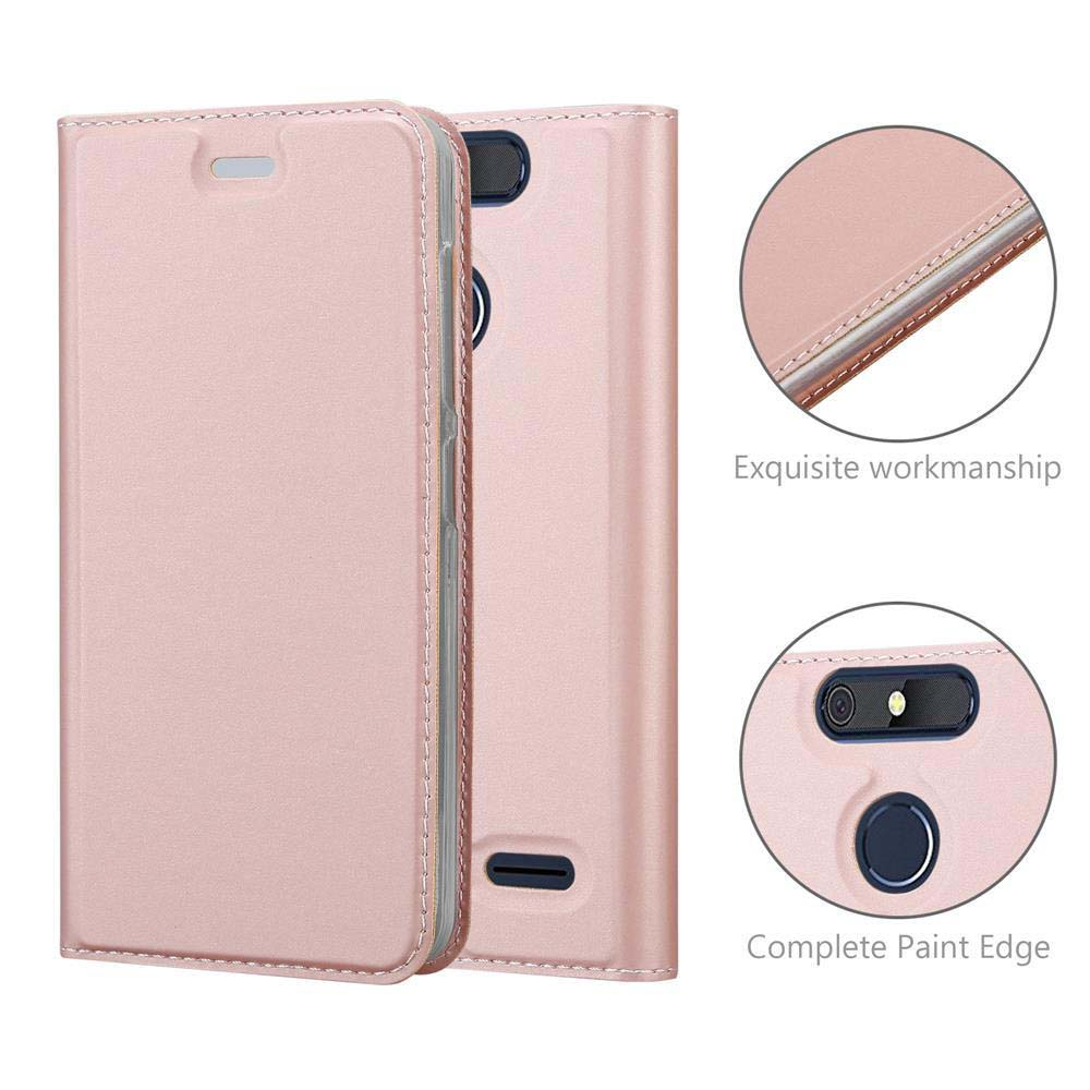 Una funda de teléfono rosa dorado con costuras y recortes para cámara y altavoz.