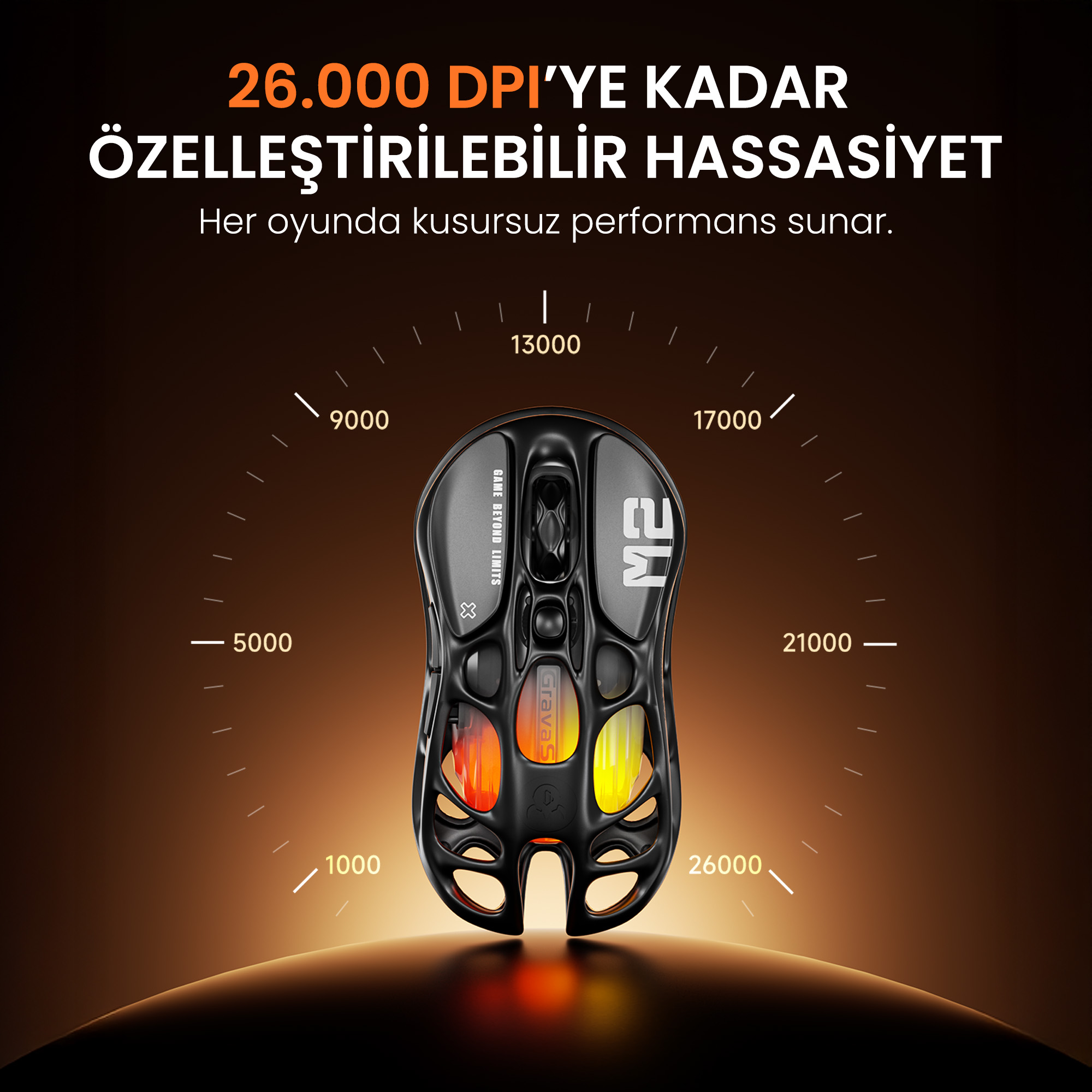 Czarna mysz gamingowa z konfigurowalnym DPI i podświetlanym wnętrzem. Skala 1000-26000.