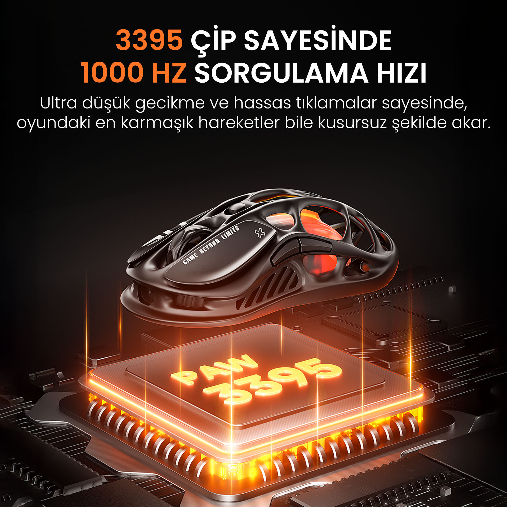 Mysz gamingowa nad procesorem z napisem "PAW 3395".