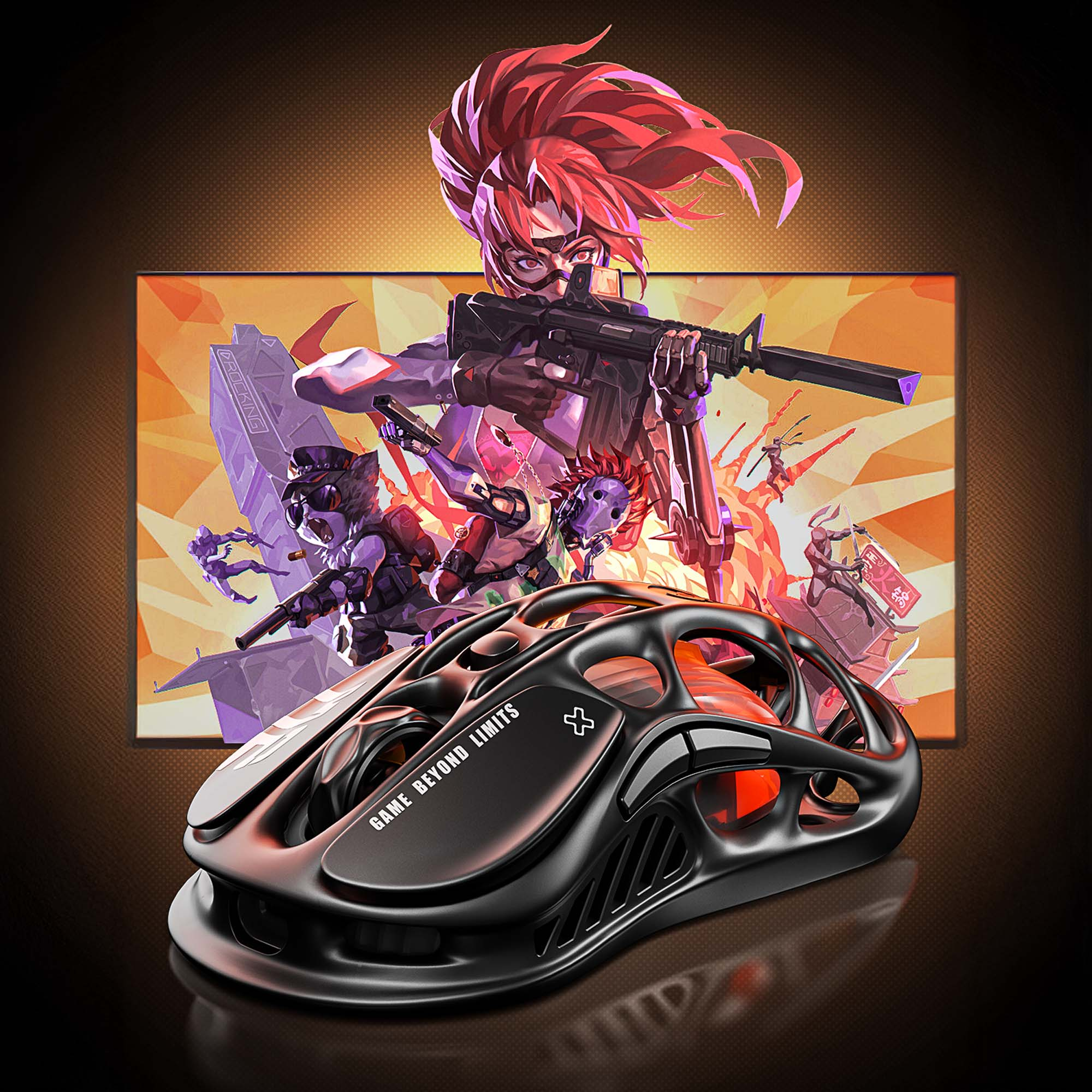 Czarny prototyp myszy gamingowej przed plakatem gry akcji z postaciami.