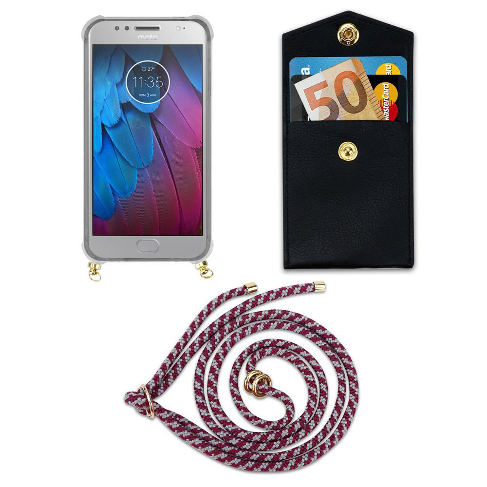Uno smartphone in custodia, un portafoglio con soldi e carte e un cordone.