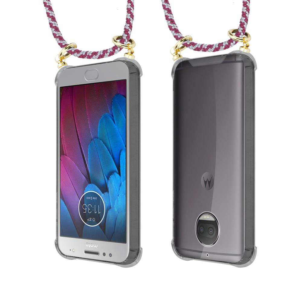 Uno smartphone in custodia trasparente con cinturino, vista frontale e posteriore.
