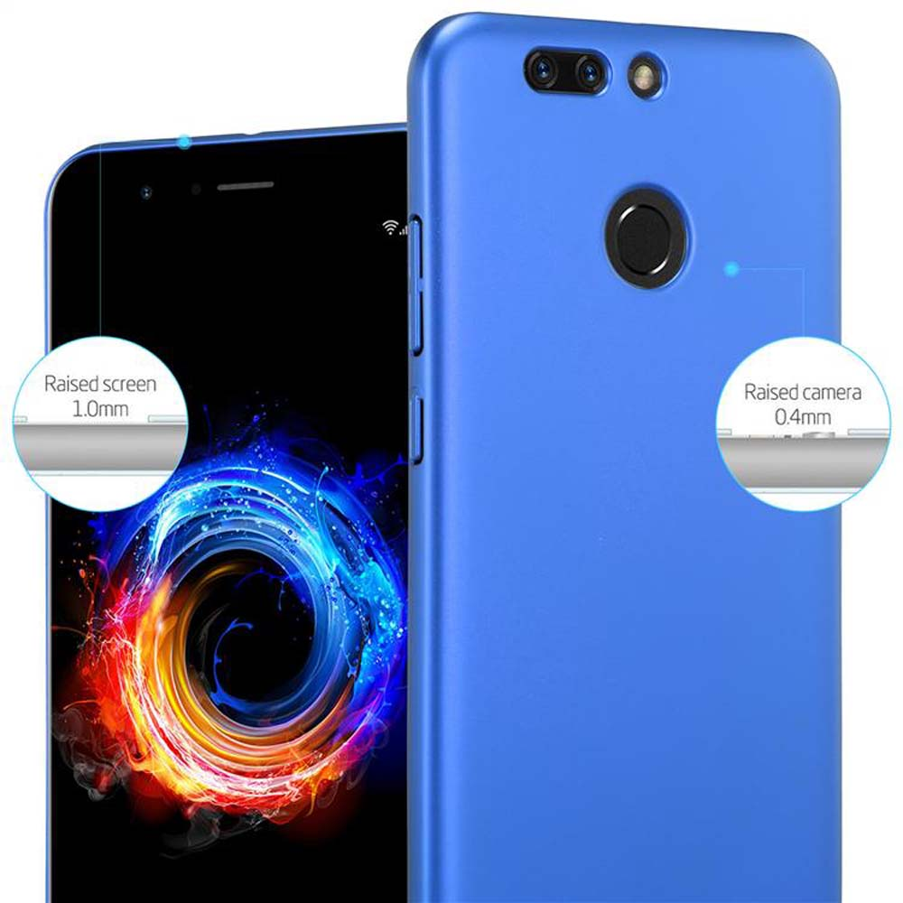 Custodia blu per telefono con telefono che mostra uno sfondo colorato. Schermo e fotocamera rialzati.