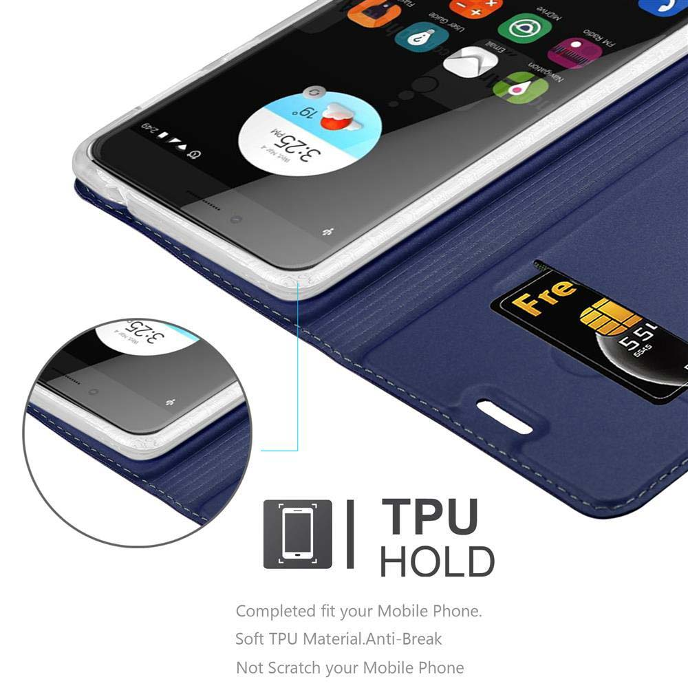 Custodia blu per telefono con telefono, scheda SIM e testo.