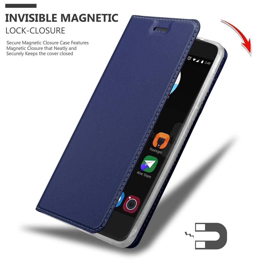 Custodia blu magnetica a libro per telefono, mostra parte dello schermo con app.