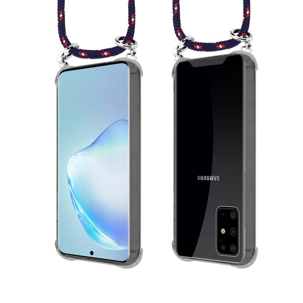 Un Samsung con custodia trasparente e cordino attaccato.