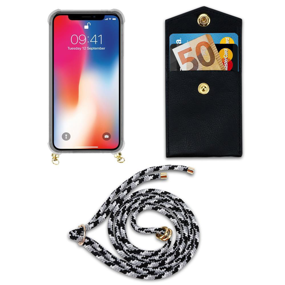 Uno smartphone in una custodia, un portafoglio con carte e denaro, e un cordino.