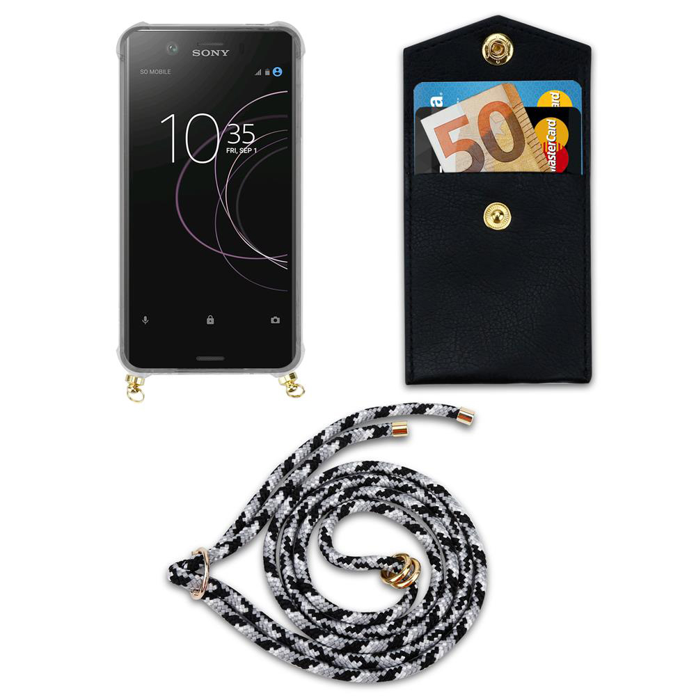 Sony Smartphone mit schwarzer Hülle, Geldbörse mit Karten und Geld, und Lanyard.