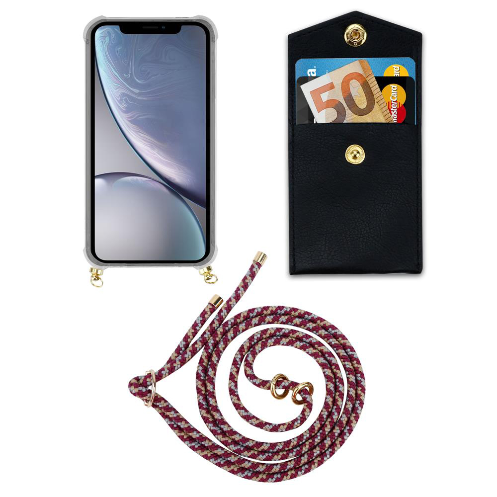 Custodia grigia per telefono con cordino e portafoglio nero con soldi e carte.