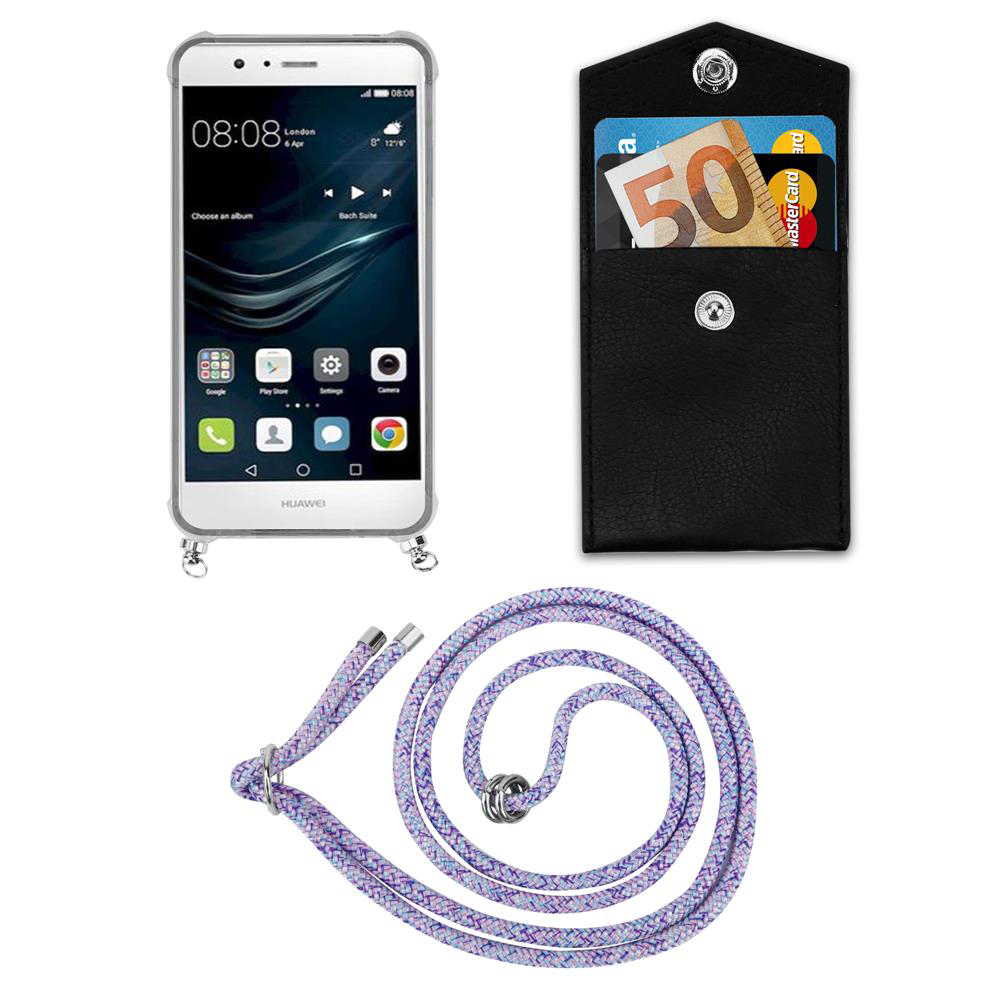 Uno smartphone, un portafoglio nero con soldi e carta, e un cordino.