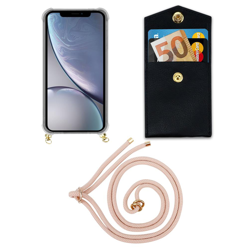 Custodia per iPhone con laccetto, portafoglio nero con carte e contanti, laccetto rosa.
