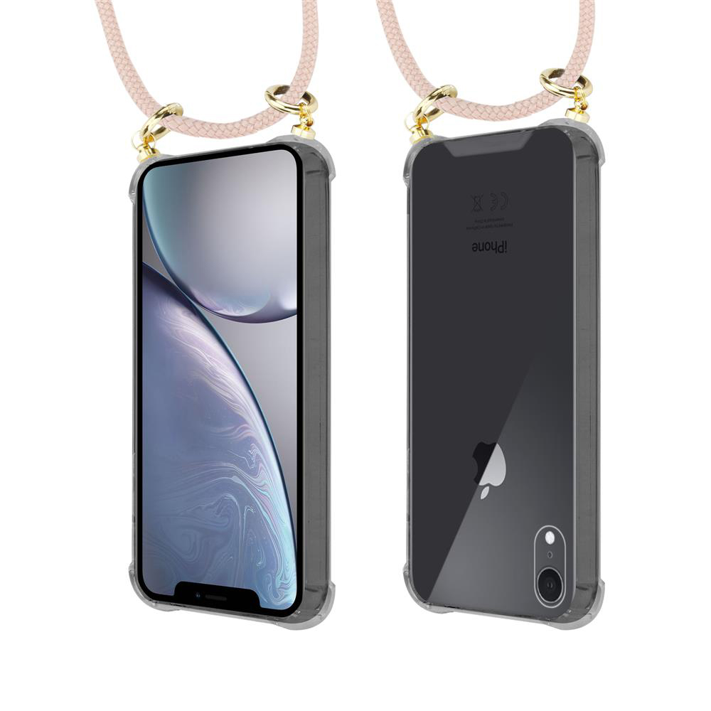 Un iPhone in una custodia trasparente con laccetto rosa. Viste frontale e posteriore.