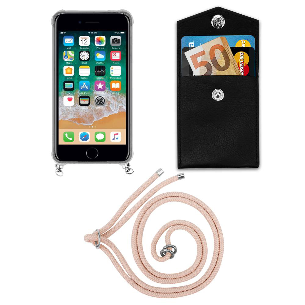 Uno smartphone in custodia, un portafoglio nero con soldi e carta, e un cordoncino.