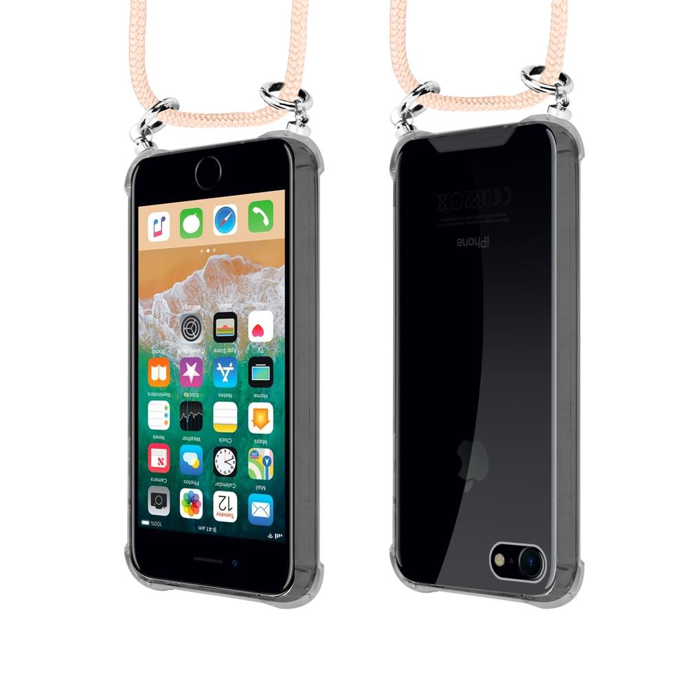 Due iPhone in custodie trasparenti con cordini rosa. Uno mostra lo schermo, l'altro il retro.