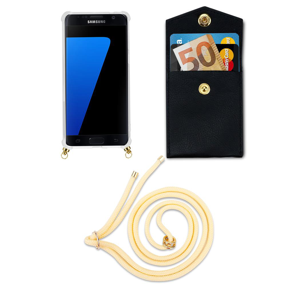 Telefono Samsung con custodia nera, banconota da 50€ e carte, più un cordone.