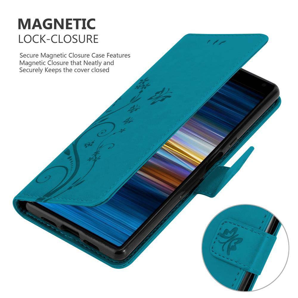 Custodia per telefono turchese con motivo floreale e chiusura magnetica, aperta.