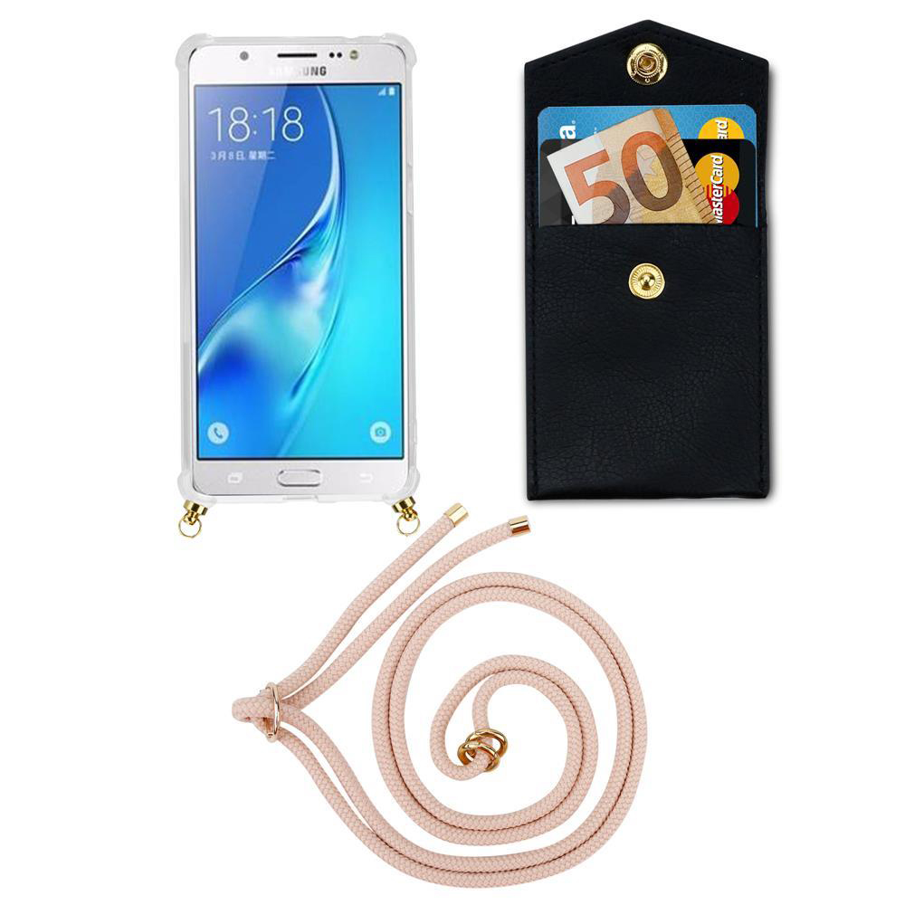 Uno smartphone in custodia trasparente, portatessere nero con banconote e cordino.