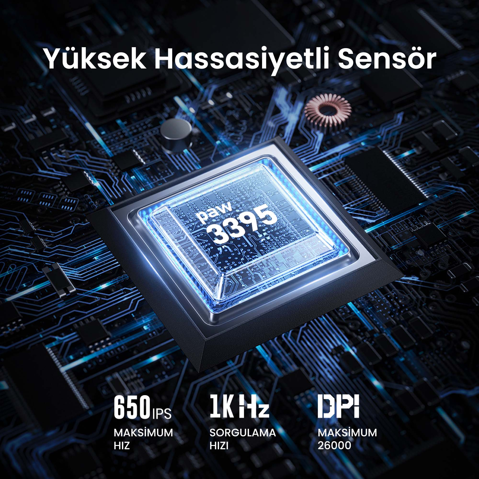 Zbliżenie świecącego chipa komputerowego na płytce drukowanej z tekstem.