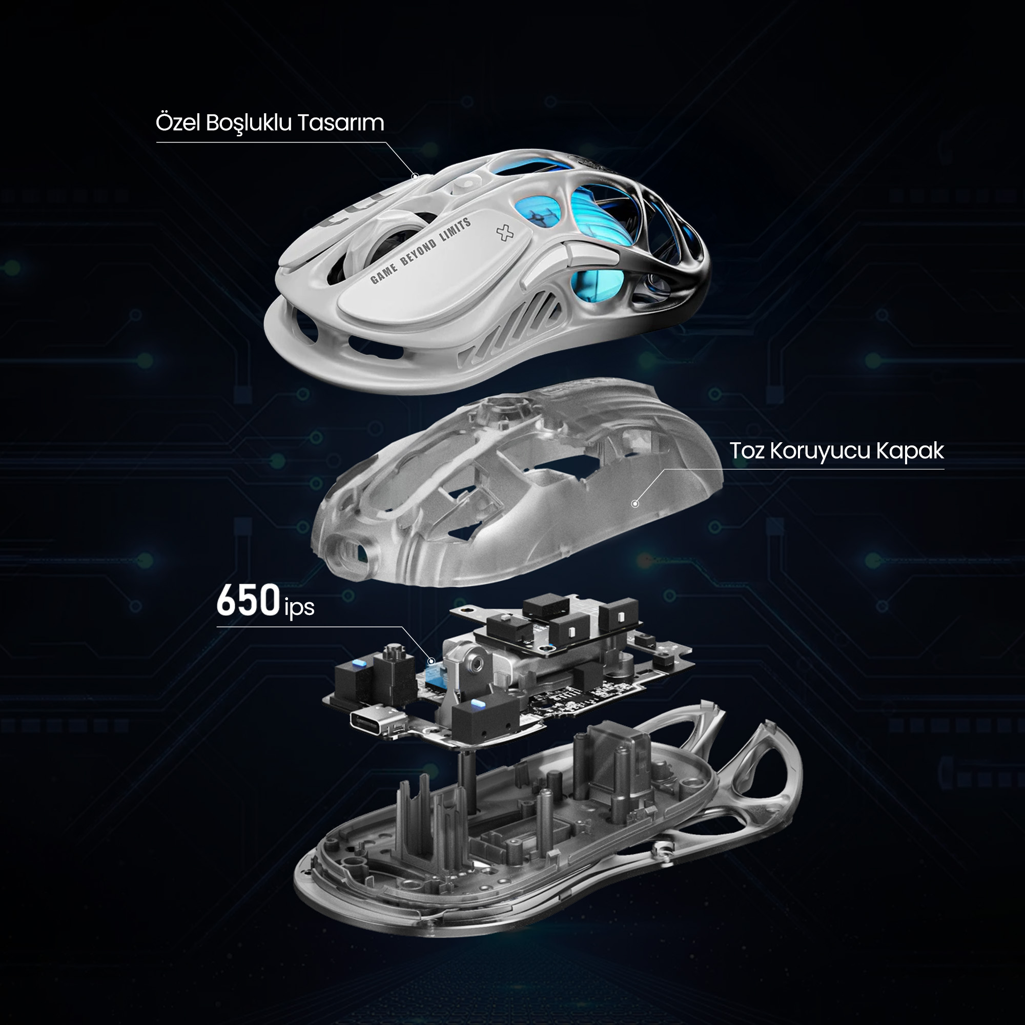 Gaming mouse'un patlatılmış görünümü, dahili bileşenleri ve içi boş tasarımı gösteriyor.