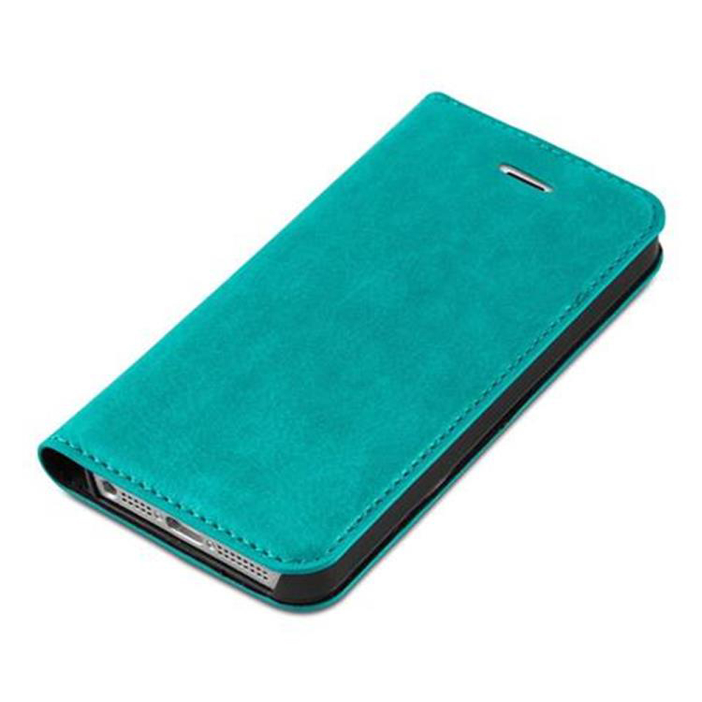 Custodia a flip per telefono verde acqua con bordo e cuciture nere.