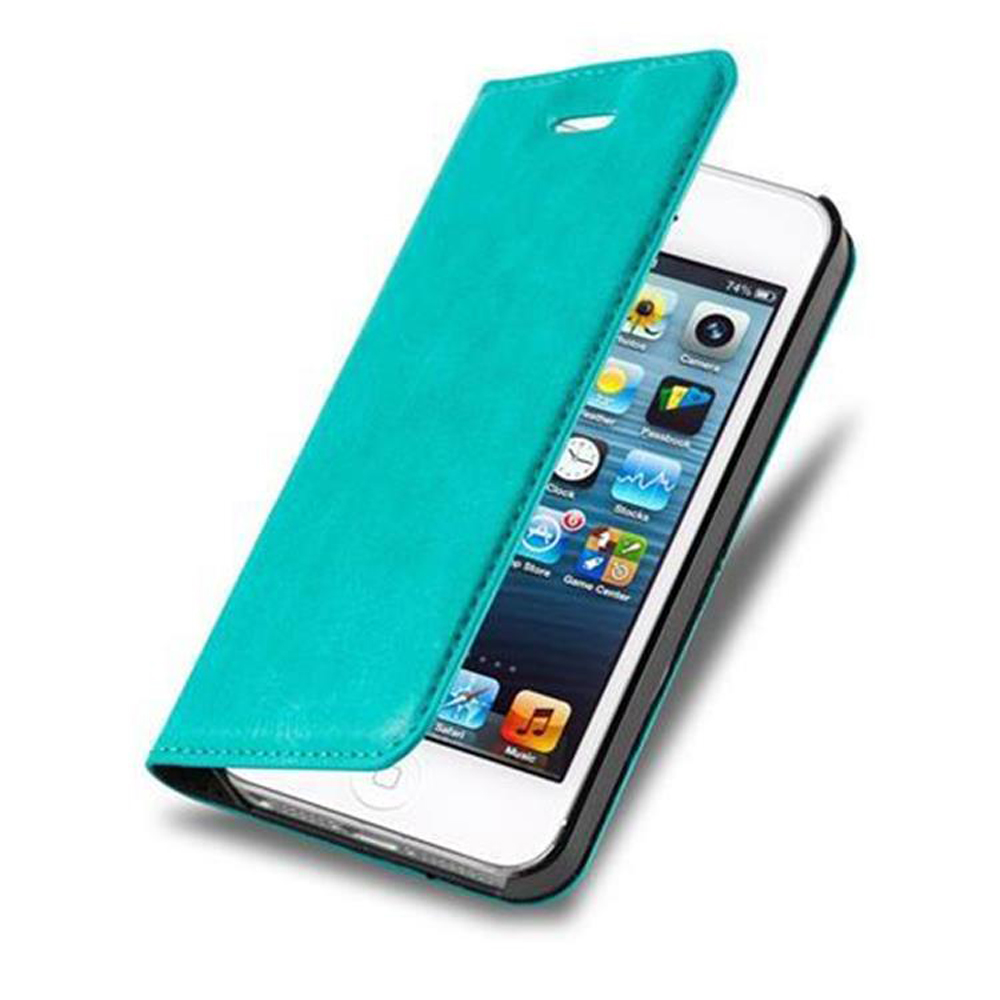 Una custodia a libro turchese per smartphone, mostrata aperta su sfondo bianco.