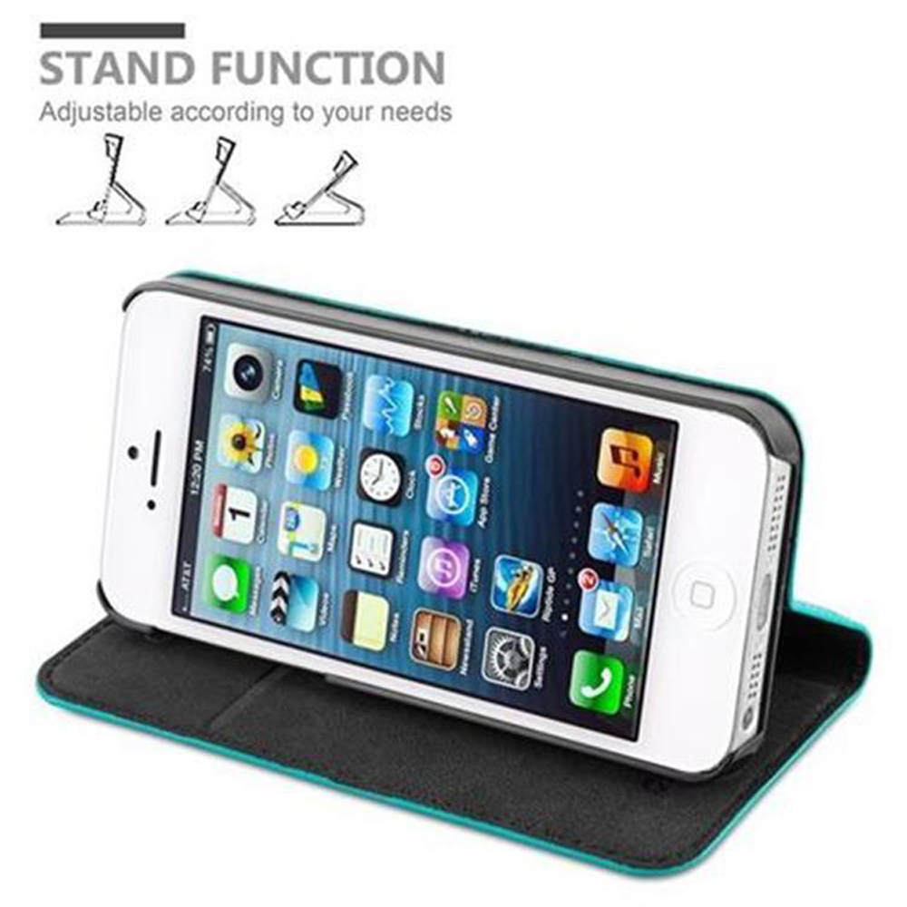 Uno smartphone bianco in una custodia con supporto turchese aperta, su sfondo bianco.