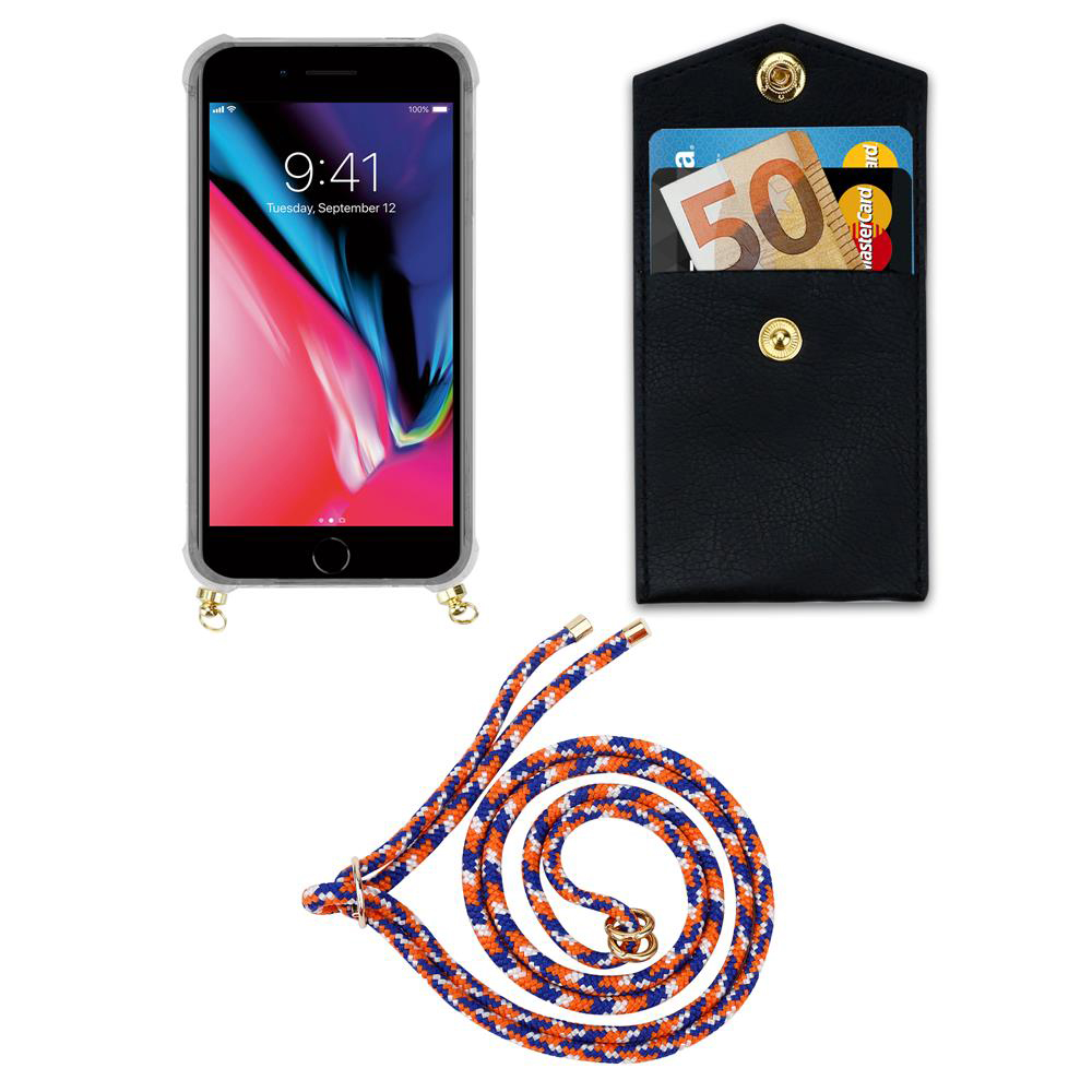 Uno smartphone in custodia, un portafoglio con soldi e carte, e un cordone.