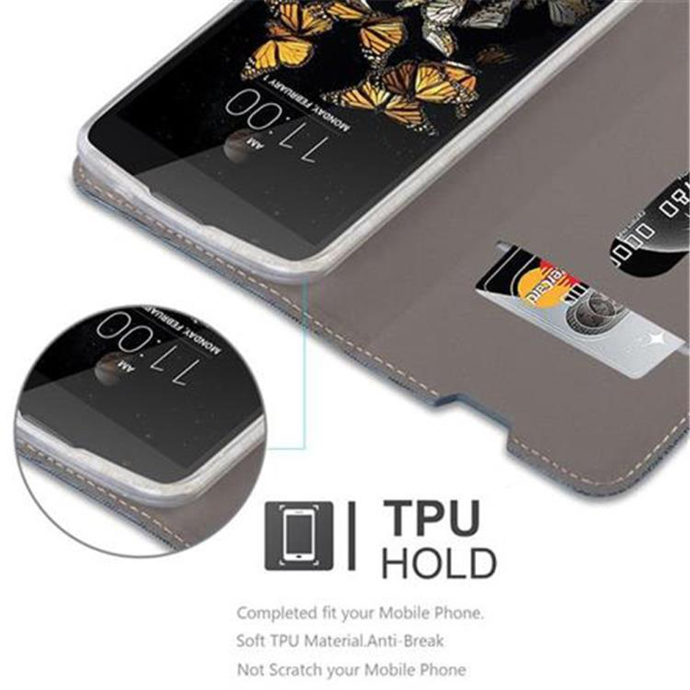 Custodia grigia per telefono con sfondo di farfalle e slot per carte.