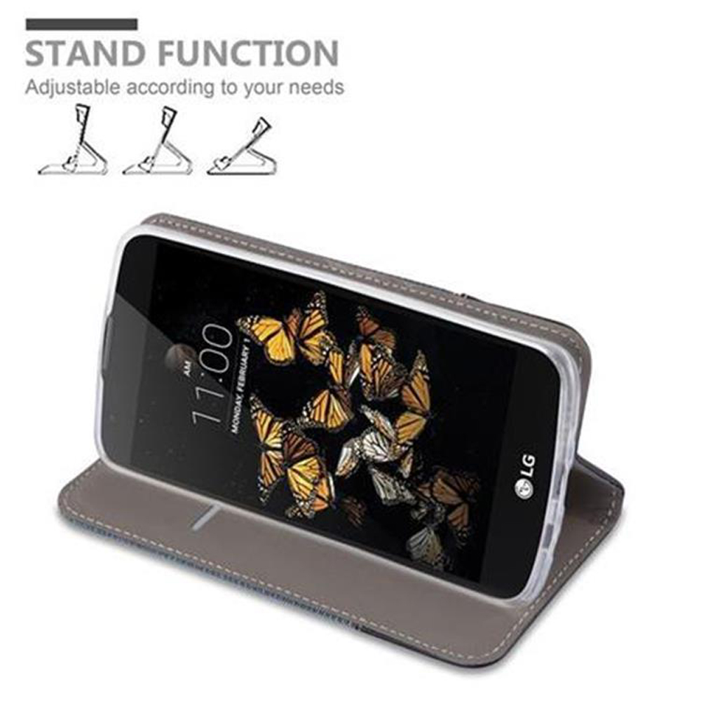 Una custodia grigia per telefono con farfalle sullo schermo e tre icone di funzione stand.