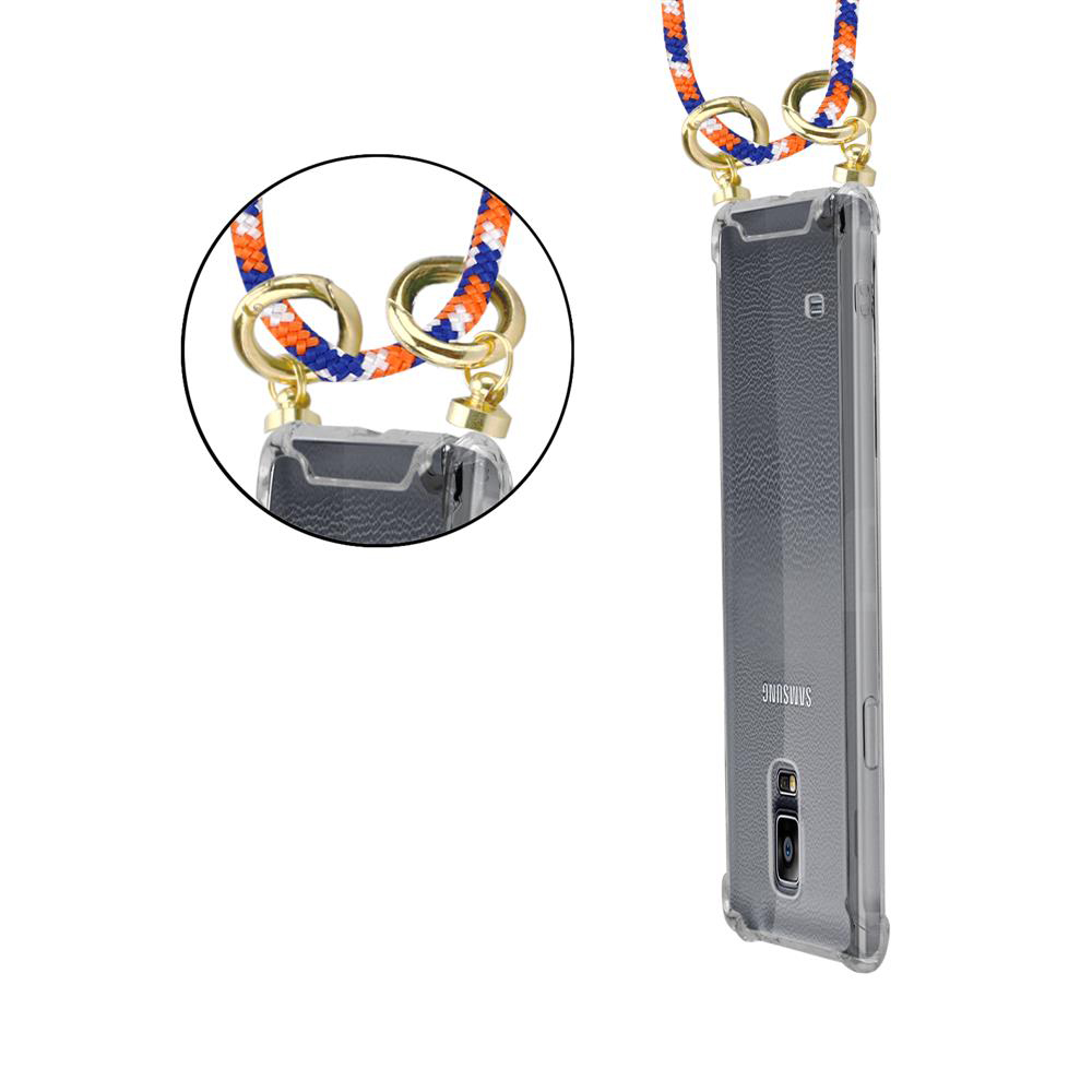 Custodia trasparente per telefono con cordino blu-arancio-bianco e anelli dorati.