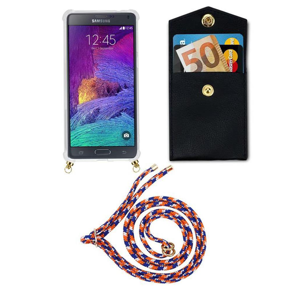 Smartphone in custodia, portafoglio con soldi e carta, cordino su sfondo bianco.