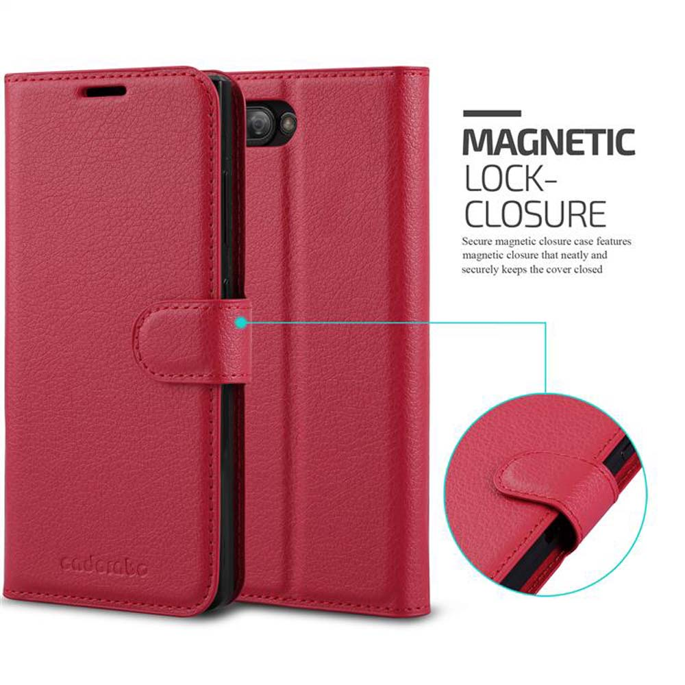 Custodia in pelle rossa per telefono con chiusura magnetica. Logo 'caderabo' visibile.