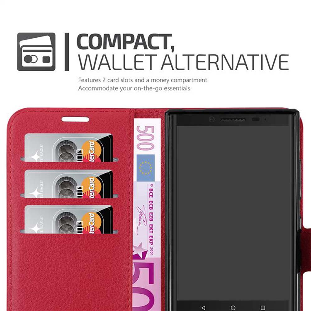 Portafoglio rosso con tre tasche per carte, una banconota da 500 euro e un telefono.