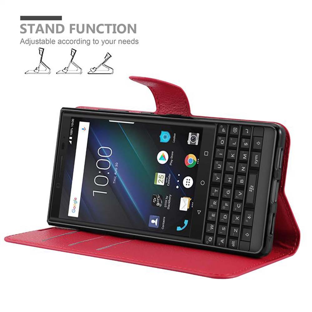 Custodia rossa a libro mostra un telefono Blackberry con tastiera completa e ora 10:00.