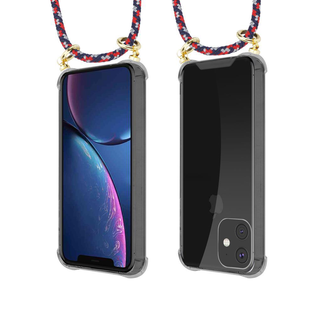 Due iPhone in custodie trasparenti con laccetti. Uno mostra lo schermo, l'altro il retro.