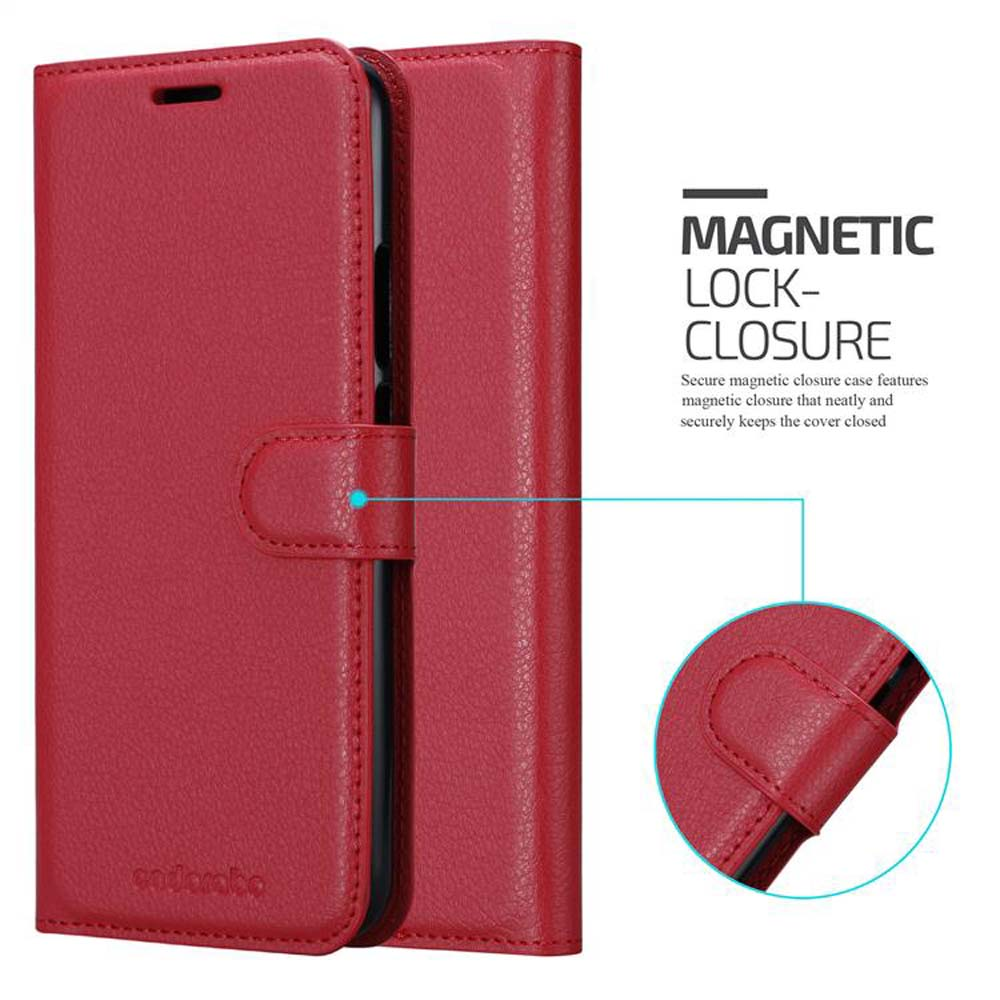 Rotes Leder-Flip-Handyhülle mit Magnetverschluss und Nähten.