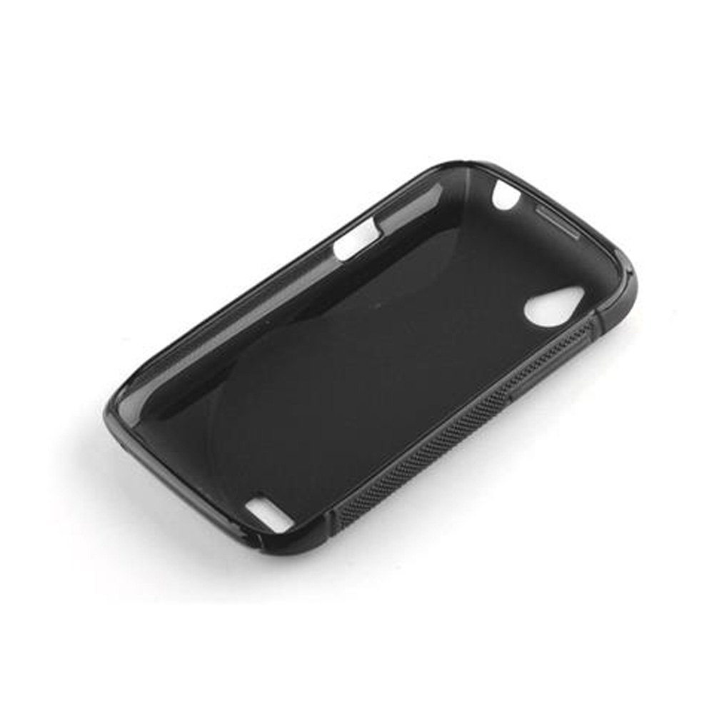 Custodia nera per telefono con ritagli per porte e pulsanti.