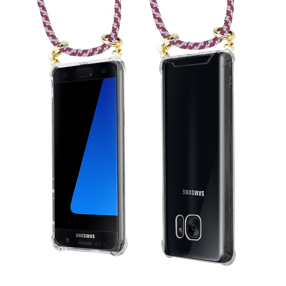 Smartphone in custodia trasparente con cordino, fronte e retro