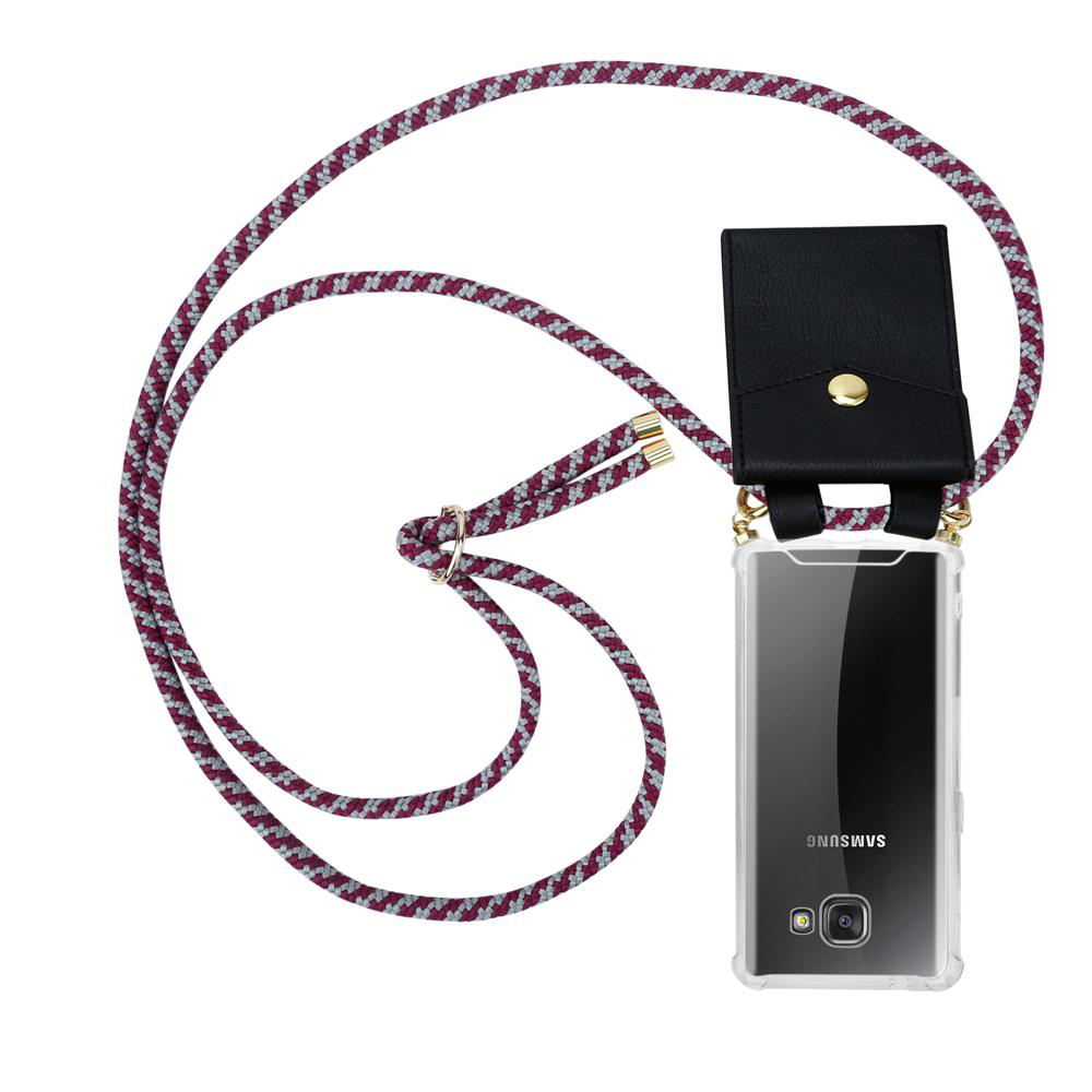 Una funda transparente para móvil con cordón y bolsillo negro.