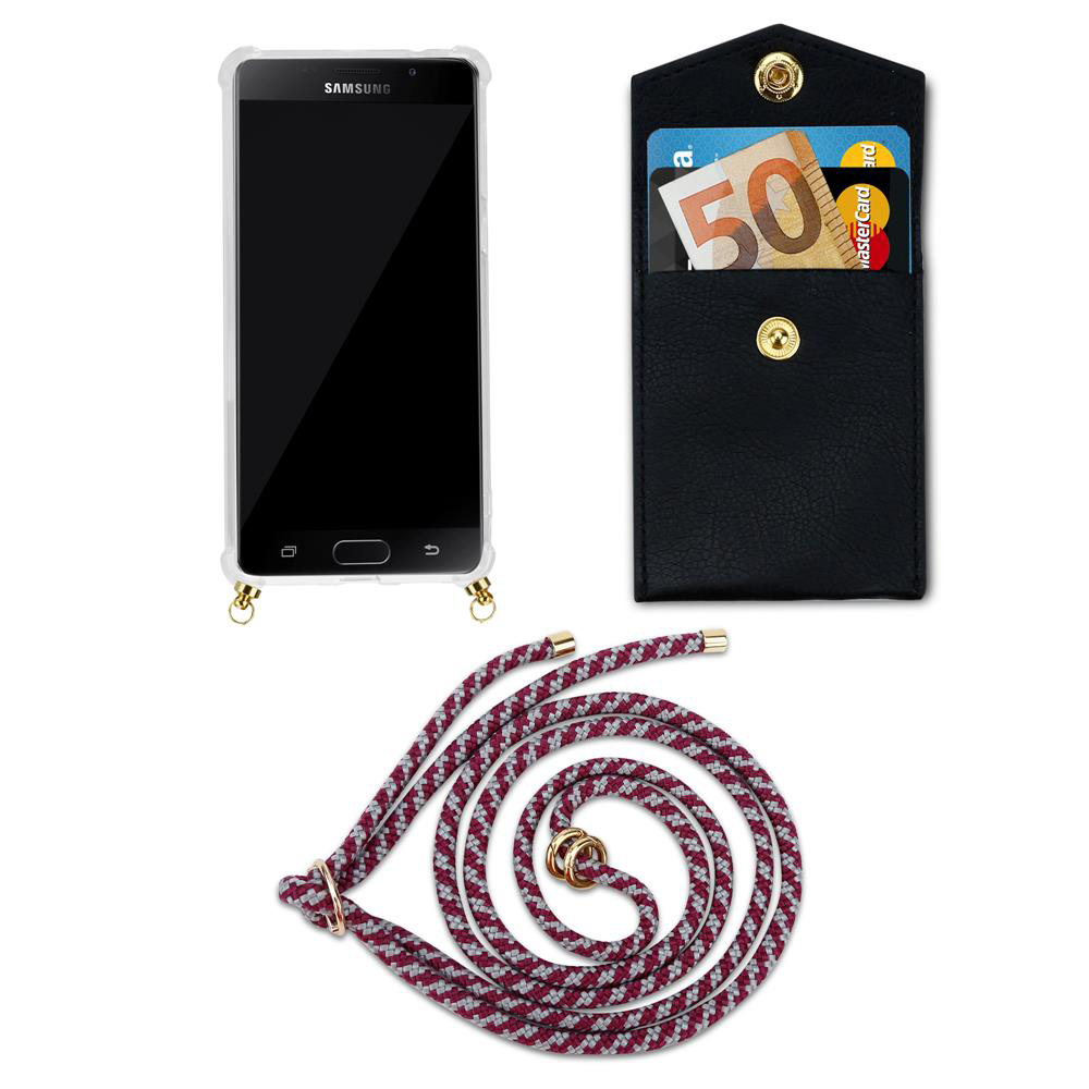 Smartphone Samsung con funda, cartera con dinero/tarjetas y cordón.